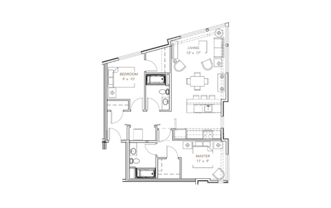 floor plan of the second floor of an apartment with furniture and a balcony